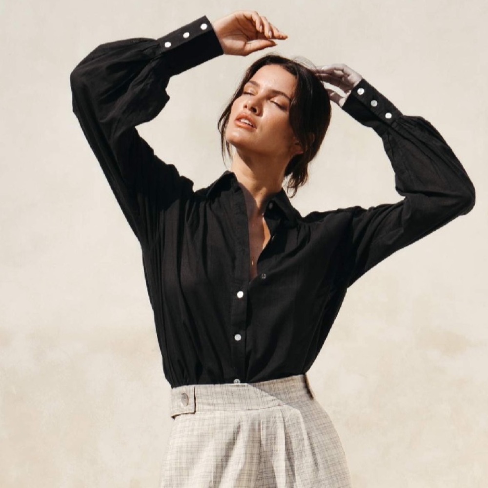 Sheer Cotton Button-Down Blouse - Sustainable Fashion - Black Size XS